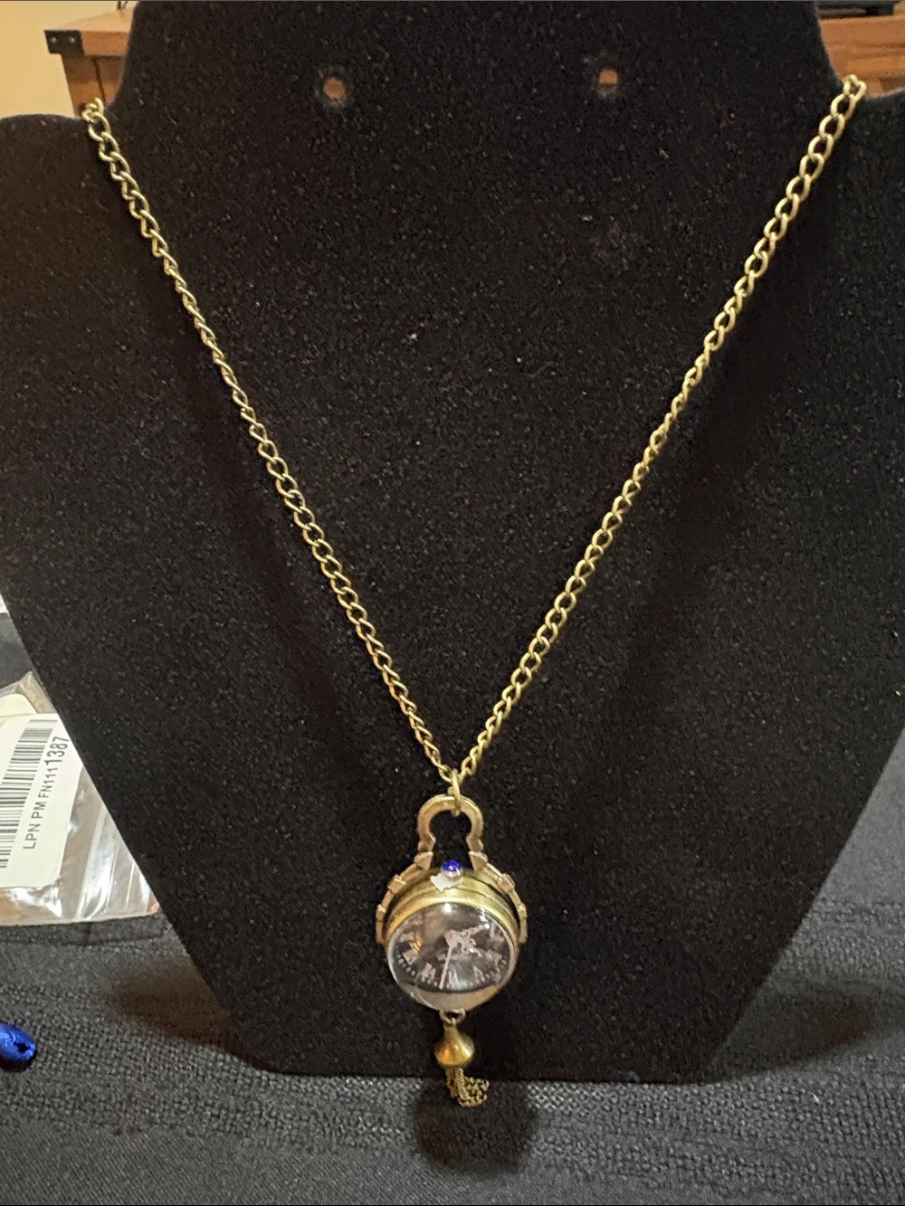 Vintage-Style Gold Tone Pocket Watch Pendant Necklace with Blue Accent